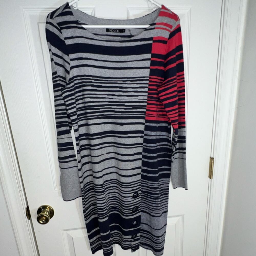 NIC+ZOE Gray Navy Red Striped Knit Sweater Dress Button Boat Neck Long M